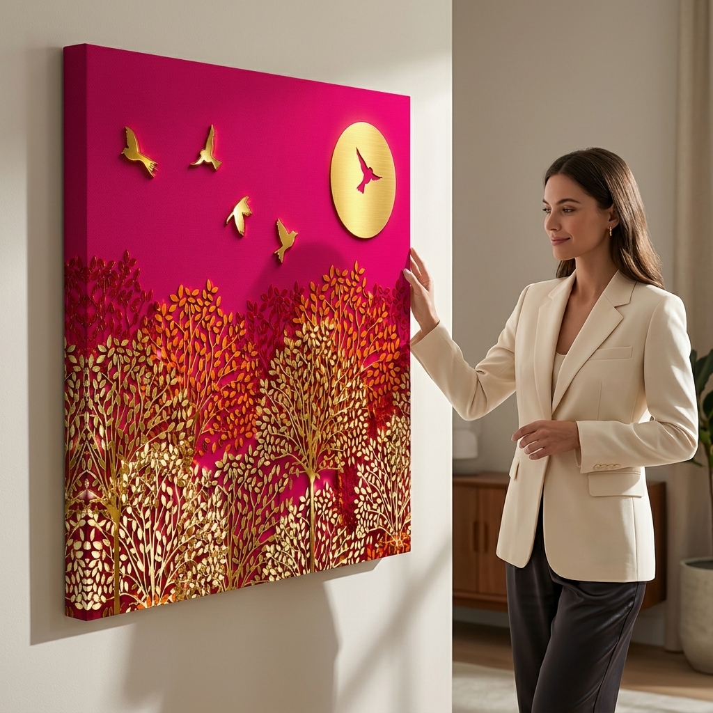 SAF Sunset Golden Trees Canvas Painting Wall Art | Pink Red Sky Birds Landscape Artwork for Living Room Bedroom Office Decor | Premium HD Print Modern Wall Decoration Gift Item - Image 2