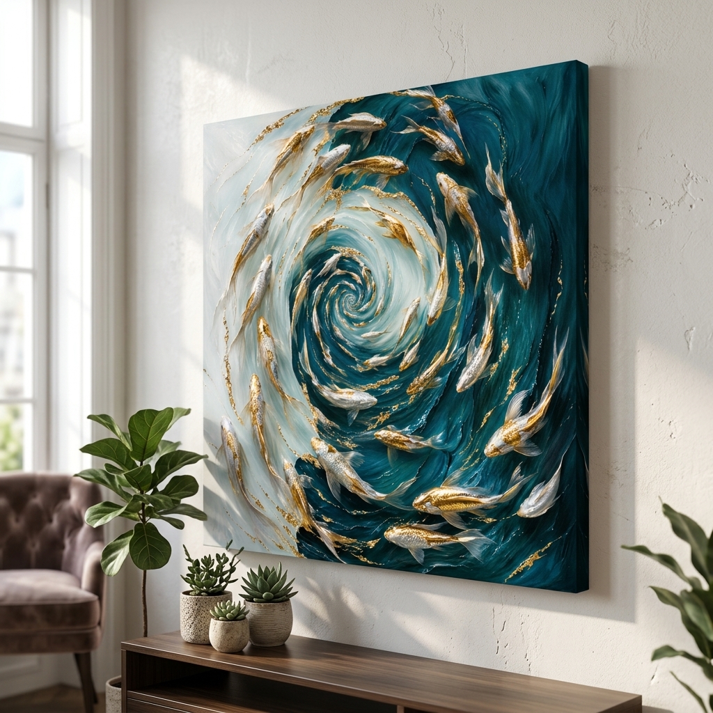 SAF Gold Koi Fish Swirl Canvas Painting Wall Art | Blue Abstract Ocean Luxury Artwork for Living Room Bedroom Office Decor | Premium HD Print Textured Modern Wall Decoration Gift - Image 2