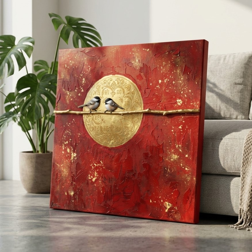 SAF Red Gold Birds Canvas Painting Wall Art | Abstract Sparrow Couple Branch Artwork for Living Room Bedroom Office Decor | Premium HD Print Textured Modern Wall Decoration Gift - Image 2