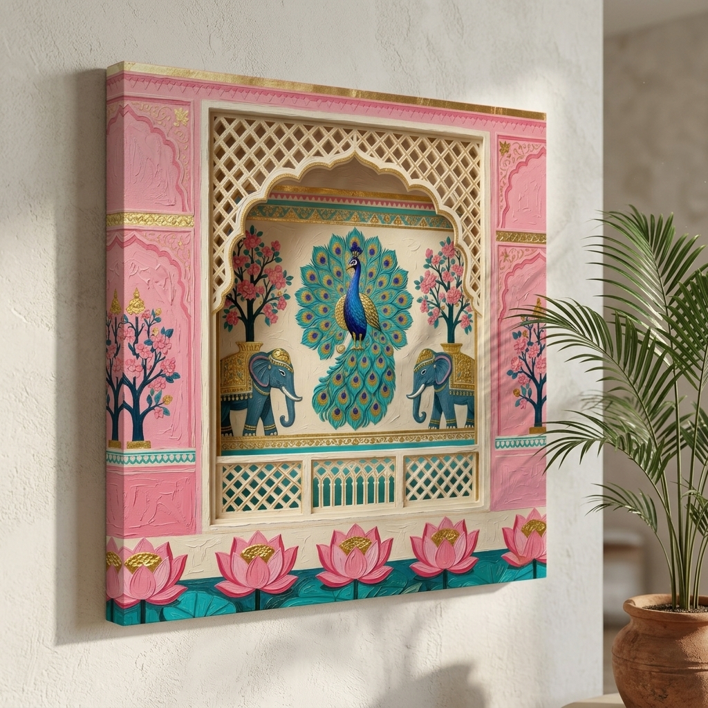 SAF Peacock Palace Canvas Painting Wall Art | Royal Indian Elephant Lotus Window Artwork for Living Room Bedroom Office Decor | Premium HD Print Textured Modern Wall Decoration Gift - Image 2