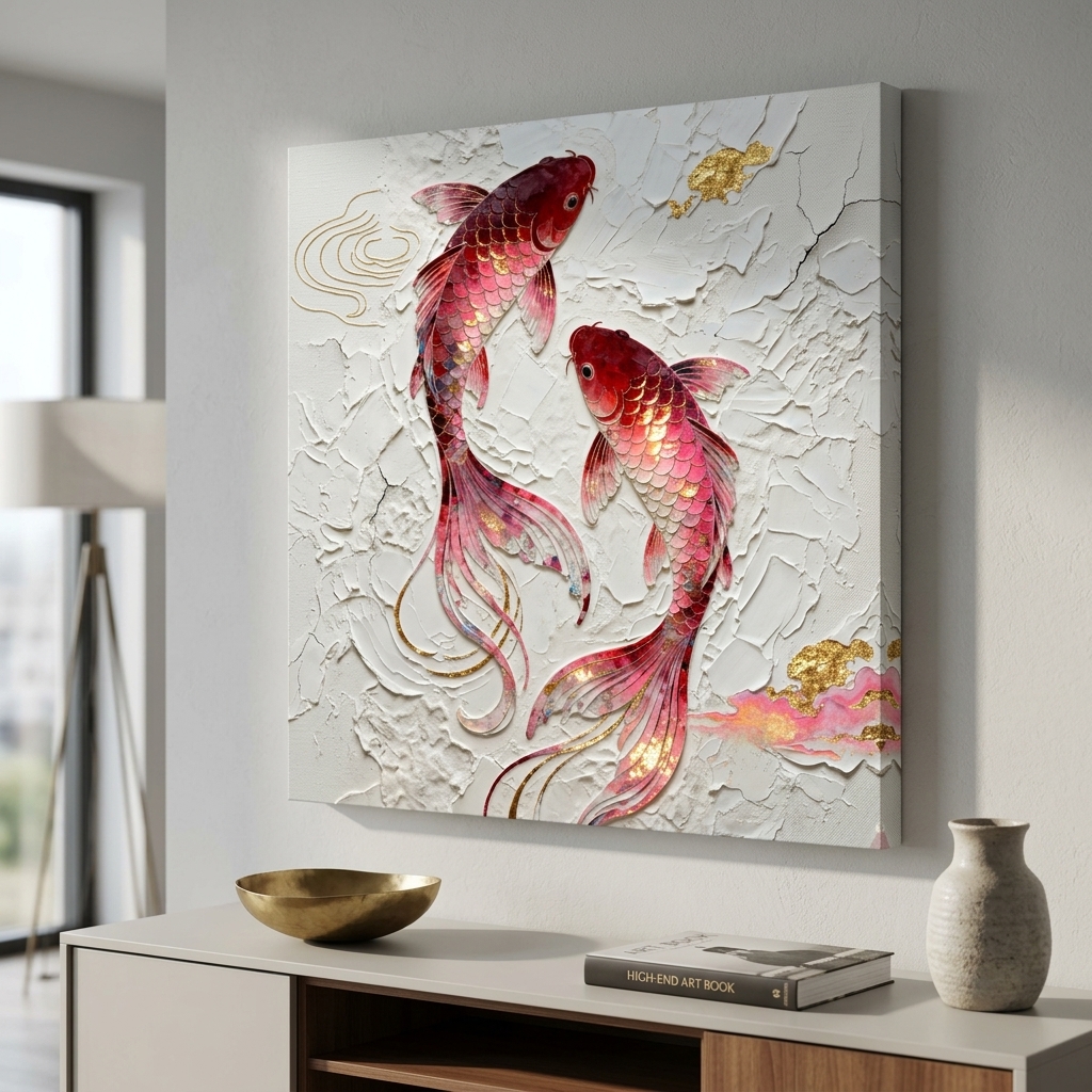 SAF Koi Fish Canvas Painting Wall Art | Red Gold Feng Shui Fish Artwork for Living Room Bedroom Office Decor | Premium HD Print Textured Modern Wall Decoration Gift Item - Image 2