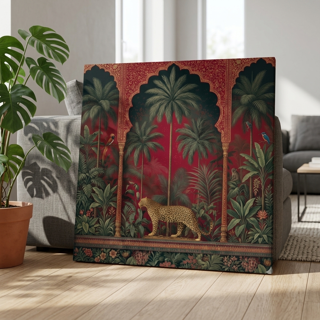 SAF Leopard Jungle Canvas Painting Wall Art | Tropical Palm Tree Red Background Wildlife Artwork for Living Room Bedroom Office Decor | Premium HD Print Modern Wall Decoration Gift - Image 2