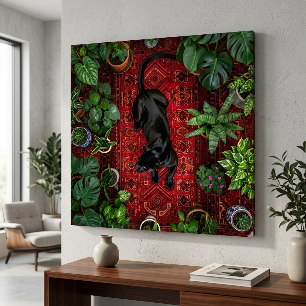SAF Black Panther Canvas Painting Wall Art | Jungle Plants Red Carpet Background Wildlife Artwork for Living Room Bedroom Office Decor | Premium HD Print Modern Wall Decoration Gift - Image 2
