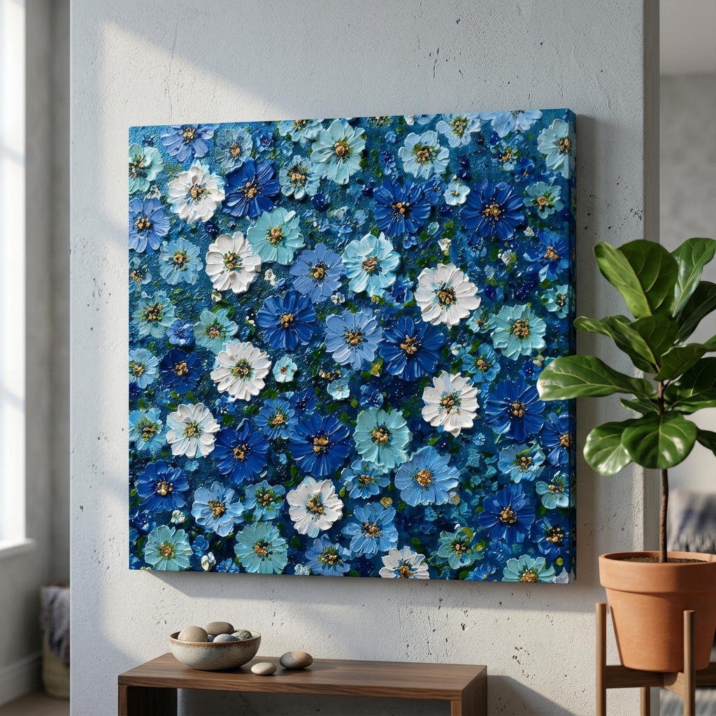 SAF Blue Floral Canvas Painting Wall Art | Abstract Flower Pattern Artwork for Living Room Bedroom Office Decor | Premium HD Print Modern Wall Decoration Aesthetic Gift Item - Image 2