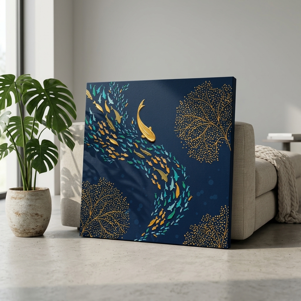 SAF Abstract Ocean Fish Canvas Painting Wall Art | Golden & Blue Marine Life Artwork for Living Room Bedroom Office Decor | Premium HD Print Modern Wall Decoration Gift Item - Image 3