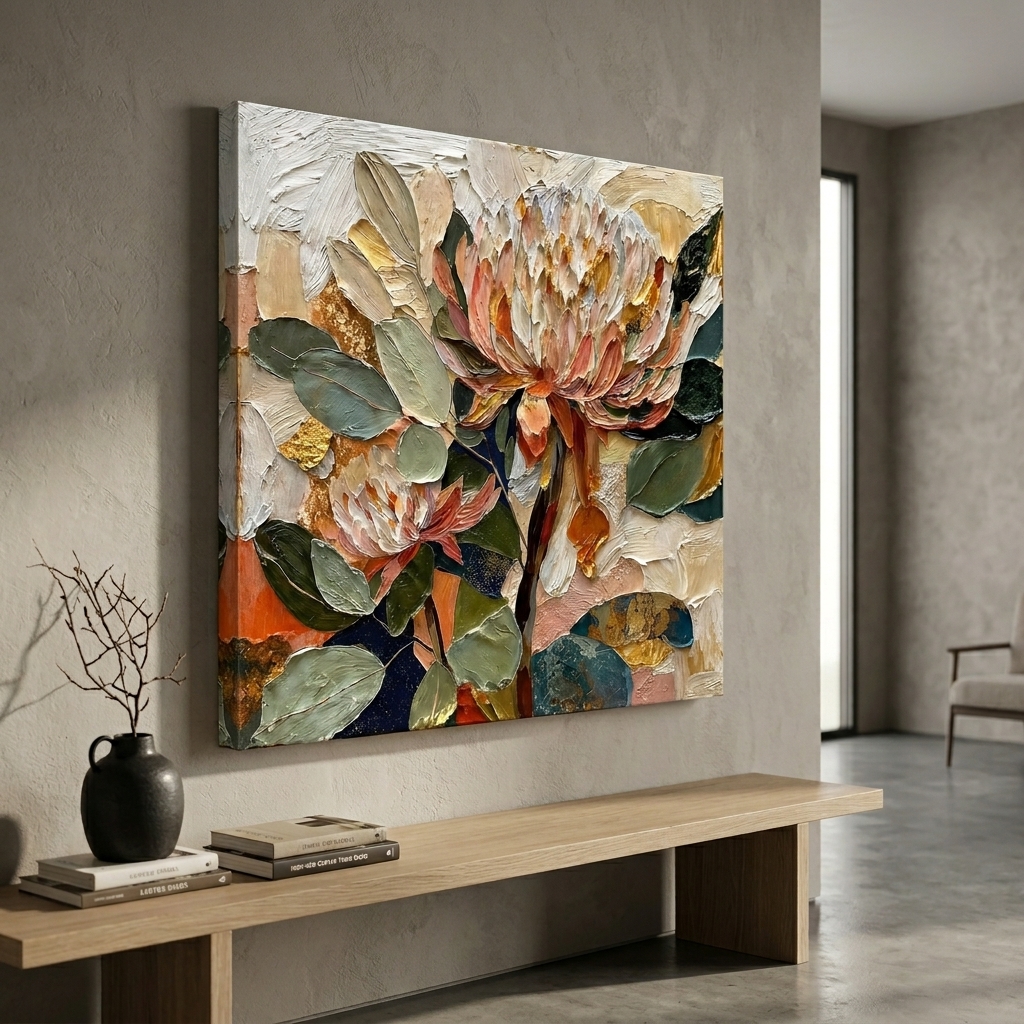 SAF Textured Floral Canvas Painting Wall Art | Beige Green Orange Abstract Flower Artwork for Living Room Bedroom Office Decor | Premium HD Print Modern Wall Decoration Gift Item - Image 3