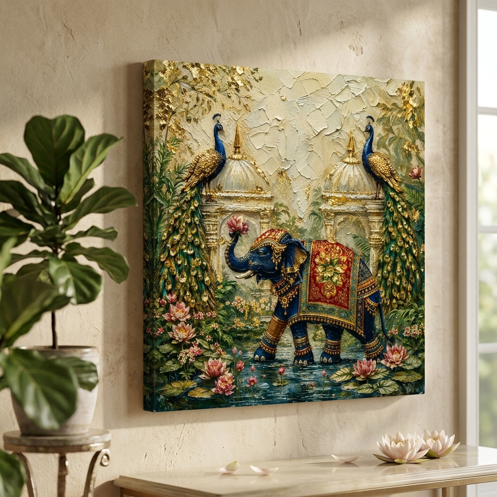 SAF Royal Elephant Canvas Painting Wall Art | Indian Palace Peacock Traditional Artwork for Living Room Bedroom Office Decor | Premium HD Print Textured Modern Wall Decoration Gift - Image 3
