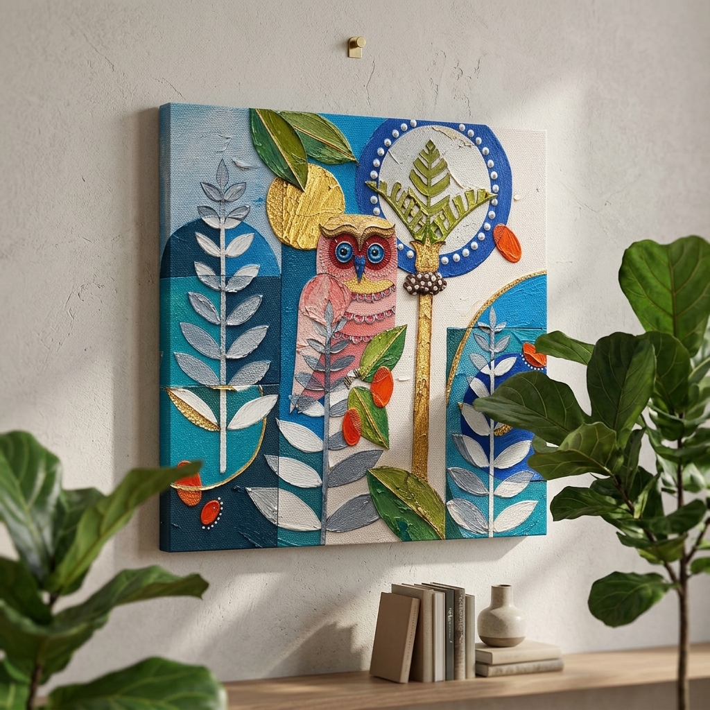 SAF Owl Abstract Canvas Painting Wall Art | Modern Bird Leaves Geometric Artwork for Living Room Bedroom Office Decor | Premium HD Print Textured Modern Wall Decoration Gift - Image 3