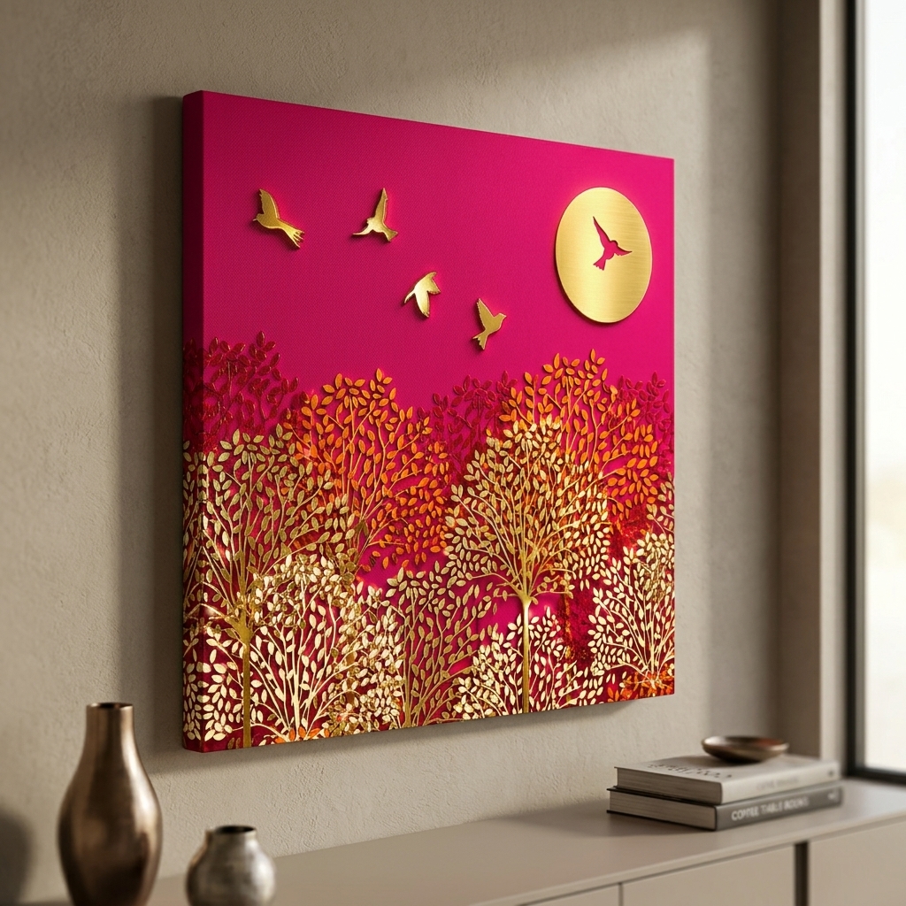 SAF Sunset Golden Trees Canvas Painting Wall Art | Pink Red Sky Birds Landscape Artwork for Living Room Bedroom Office Decor | Premium HD Print Modern Wall Decoration Gift Item - Image 3