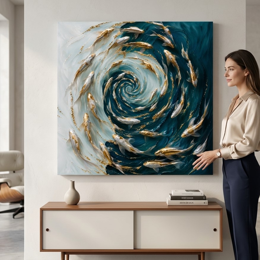 SAF Gold Koi Fish Swirl Canvas Painting Wall Art | Blue Abstract Ocean Luxury Artwork for Living Room Bedroom Office Decor | Premium HD Print Textured Modern Wall Decoration Gift - Image 3