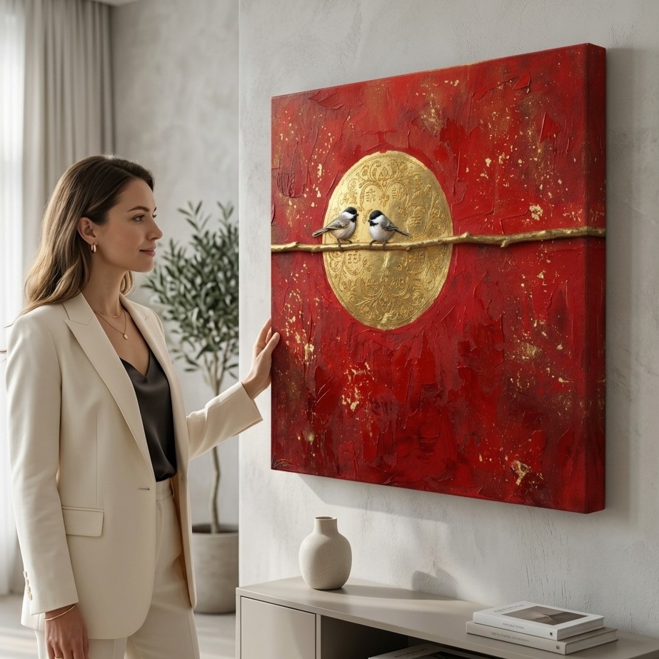 SAF Red Gold Birds Canvas Painting Wall Art | Abstract Sparrow Couple Branch Artwork for Living Room Bedroom Office Decor | Premium HD Print Textured Modern Wall Decoration Gift - Image 3
