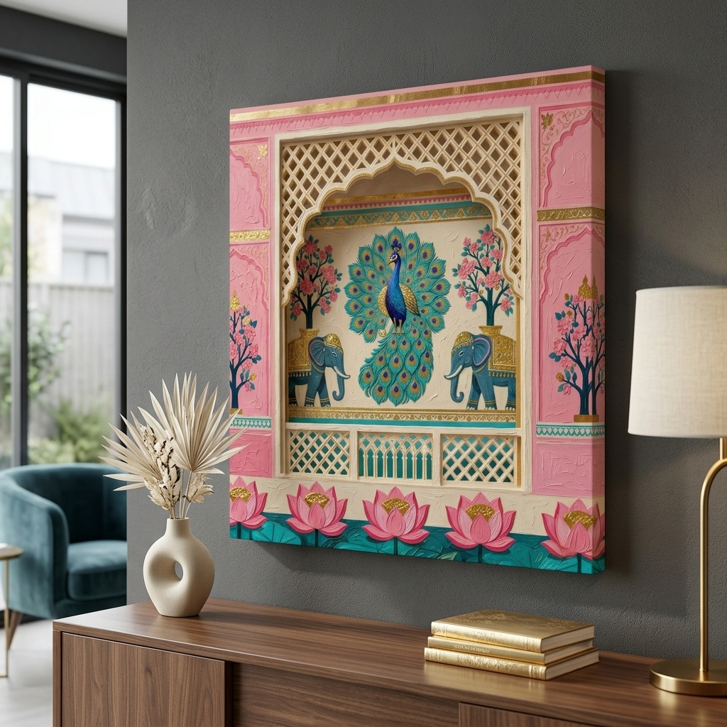 SAF Peacock Palace Canvas Painting Wall Art | Royal Indian Elephant Lotus Window Artwork for Living Room Bedroom Office Decor | Premium HD Print Textured Modern Wall Decoration Gift - Image 3