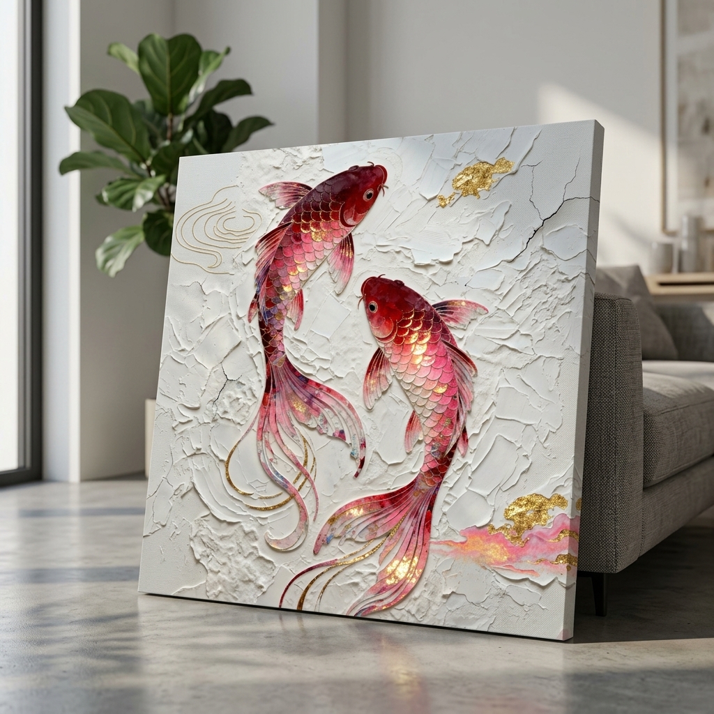 SAF Koi Fish Canvas Painting Wall Art | Red Gold Feng Shui Fish Artwork for Living Room Bedroom Office Decor | Premium HD Print Textured Modern Wall Decoration Gift Item - Image 3