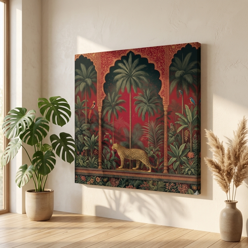 SAF Leopard Jungle Canvas Painting Wall Art | Tropical Palm Tree Red Background Wildlife Artwork for Living Room Bedroom Office Decor | Premium HD Print Modern Wall Decoration Gift - Image 3