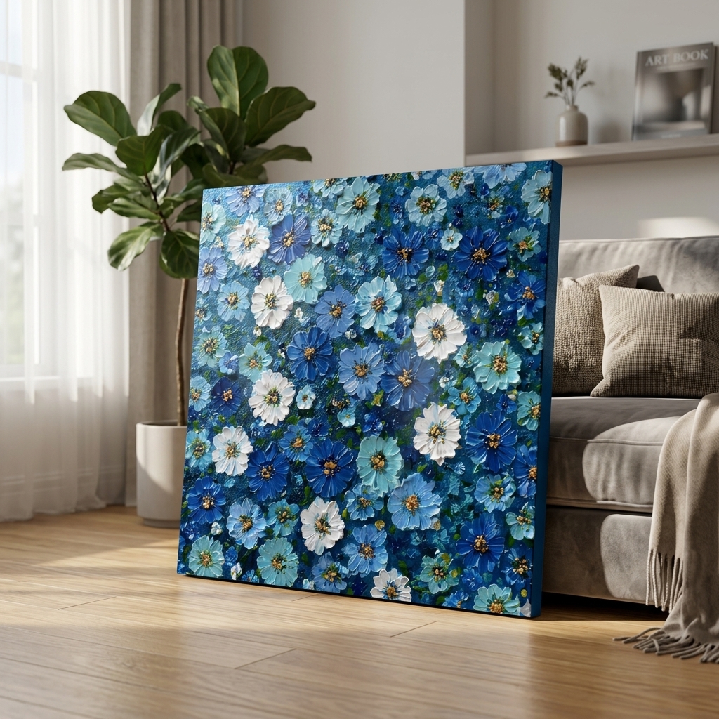 SAF Blue Floral Canvas Painting Wall Art | Abstract Flower Pattern Artwork for Living Room Bedroom Office Decor | Premium HD Print Modern Wall Decoration Aesthetic Gift Item - Image 3