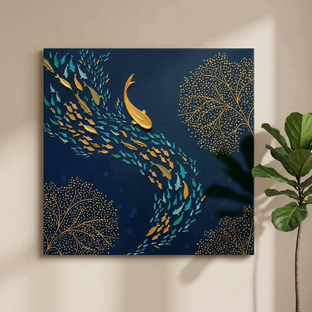 SAF Abstract Ocean Fish Canvas Painting Wall Art | Golden & Blue Marine Life Artwork for Living Room Bedroom Office Decor | Premium HD Print Modern Wall Decoration Gift Item - Image 4