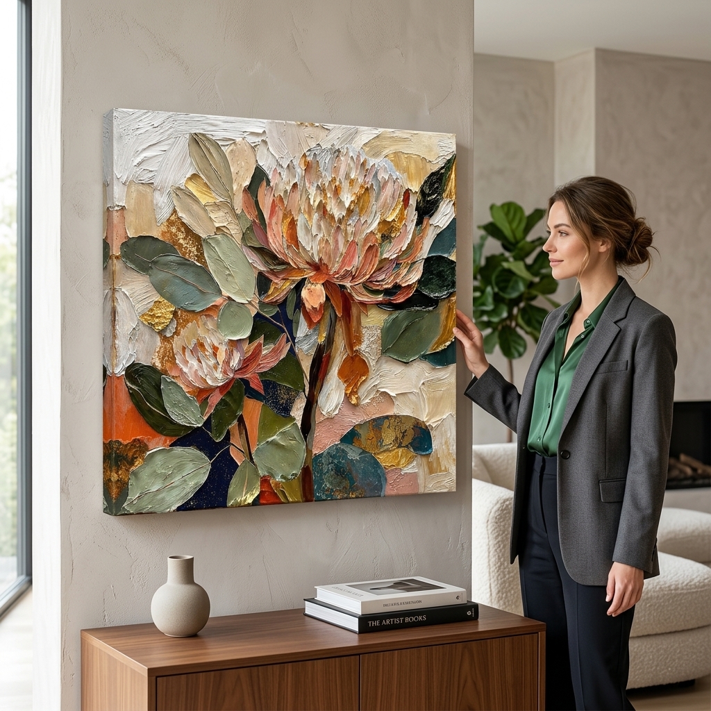 SAF Textured Floral Canvas Painting Wall Art | Beige Green Orange Abstract Flower Artwork for Living Room Bedroom Office Decor | Premium HD Print Modern Wall Decoration Gift Item - Image 4