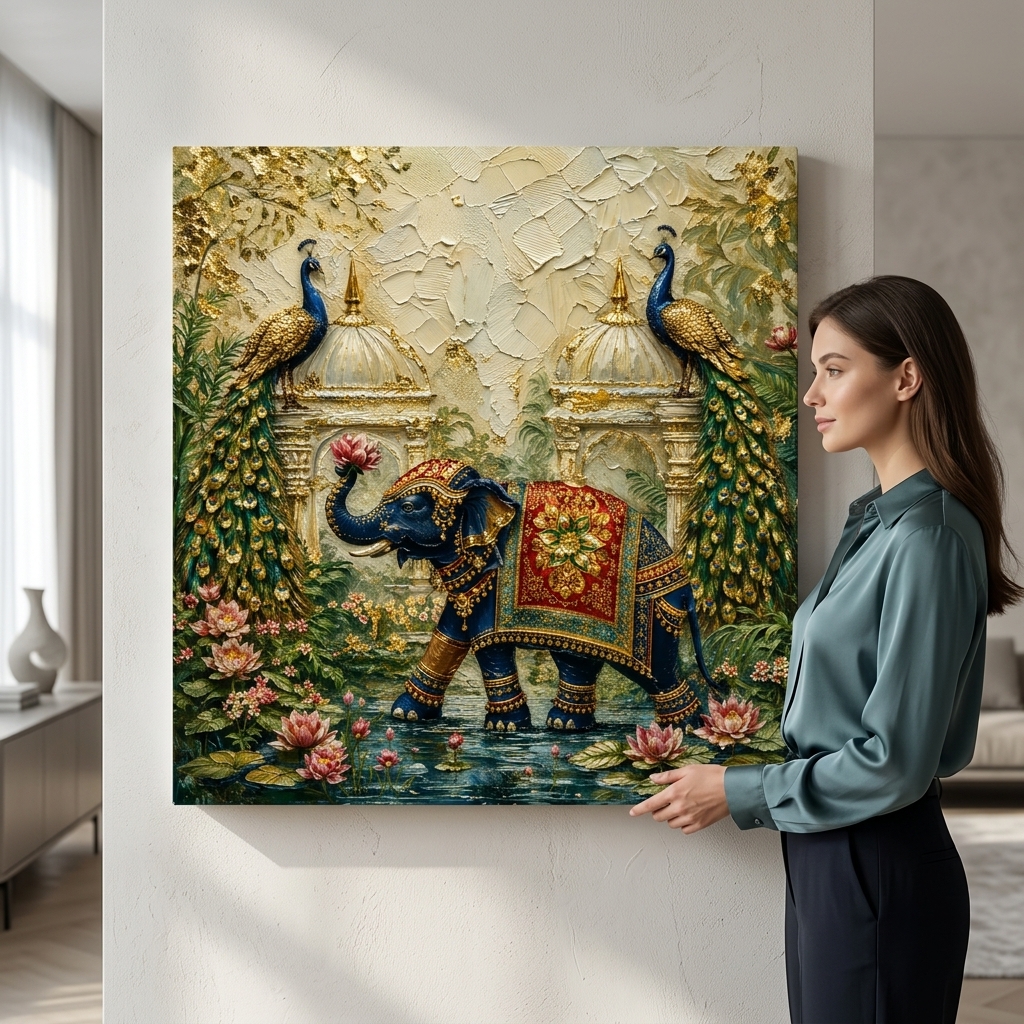 SAF Royal Elephant Canvas Painting Wall Art | Indian Palace Peacock Traditional Artwork for Living Room Bedroom Office Decor | Premium HD Print Textured Modern Wall Decoration Gift - Image 4