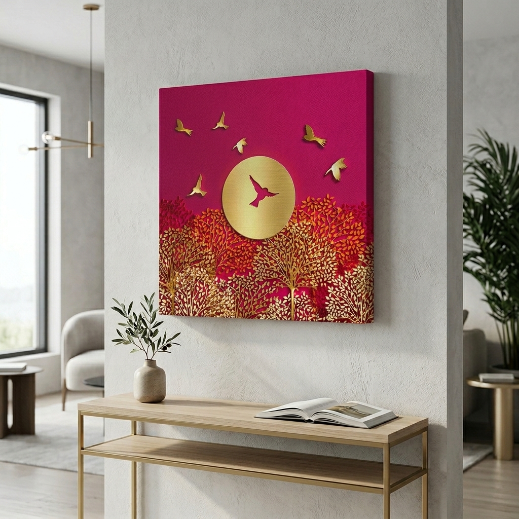 SAF Sunset Golden Trees Canvas Painting Wall Art | Pink Red Sky Birds Landscape Artwork for Living Room Bedroom Office Decor | Premium HD Print Modern Wall Decoration Gift Item - Image 4