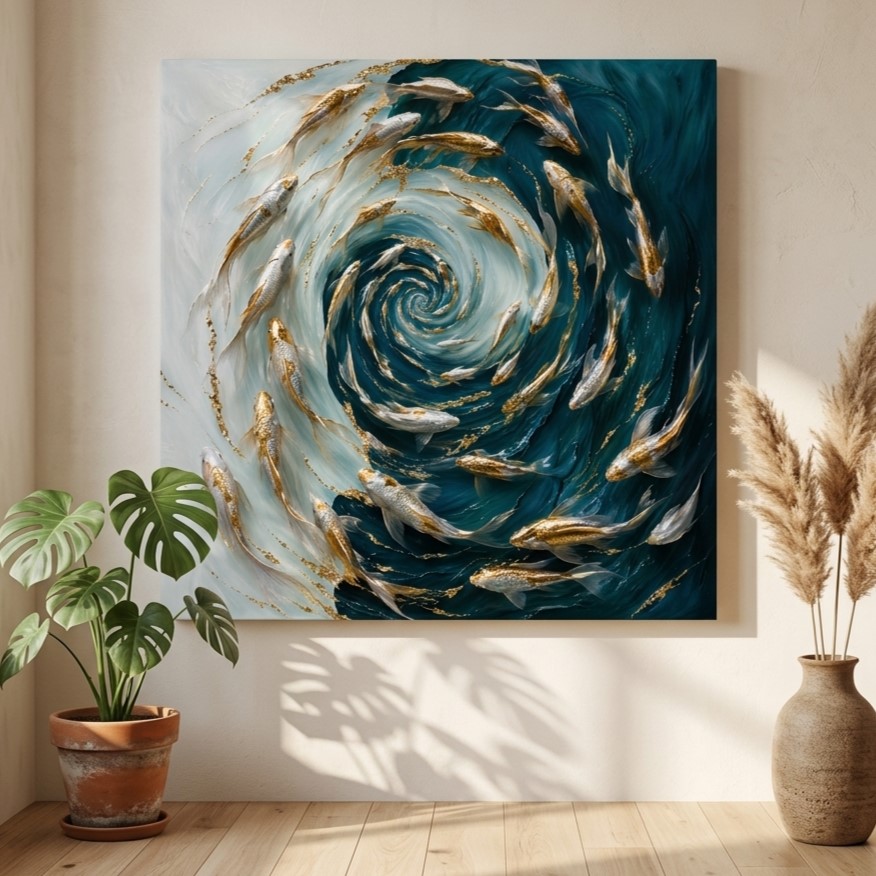 SAF Gold Koi Fish Swirl Canvas Painting Wall Art | Blue Abstract Ocean Luxury Artwork for Living Room Bedroom Office Decor | Premium HD Print Textured Modern Wall Decoration Gift - Image 4