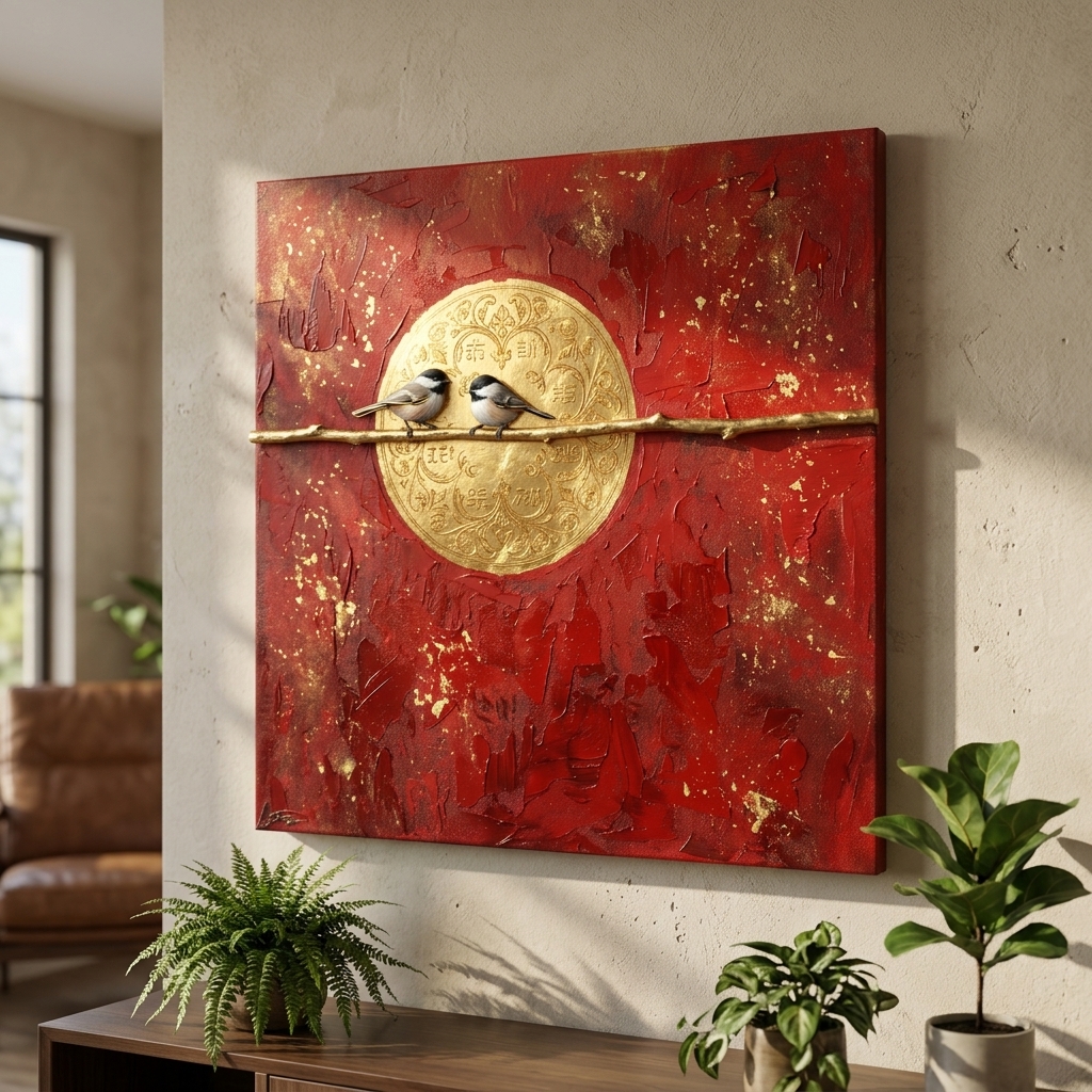 SAF Red Gold Birds Canvas Painting Wall Art | Abstract Sparrow Couple Branch Artwork for Living Room Bedroom Office Decor | Premium HD Print Textured Modern Wall Decoration Gift - Image 4