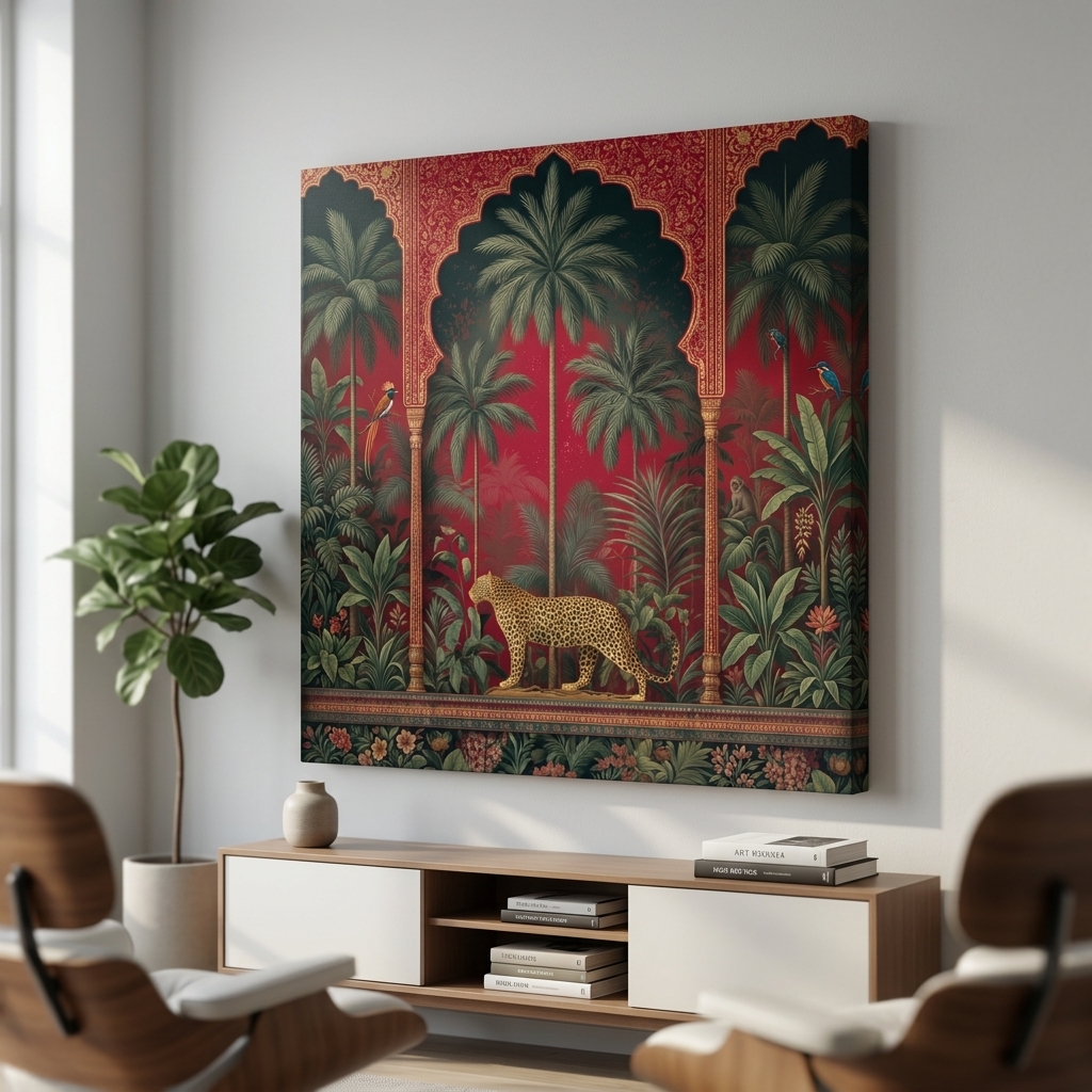 SAF Leopard Jungle Canvas Painting Wall Art | Tropical Palm Tree Red Background Wildlife Artwork for Living Room Bedroom Office Decor | Premium HD Print Modern Wall Decoration Gift - Image 4