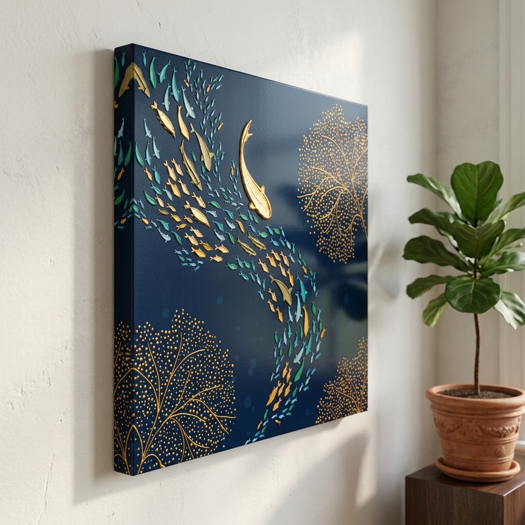 SAF Abstract Ocean Fish Canvas Painting Wall Art | Golden & Blue Marine Life Artwork for Living Room Bedroom Office Decor | Premium HD Print Modern Wall Decoration Gift Item - Image 5