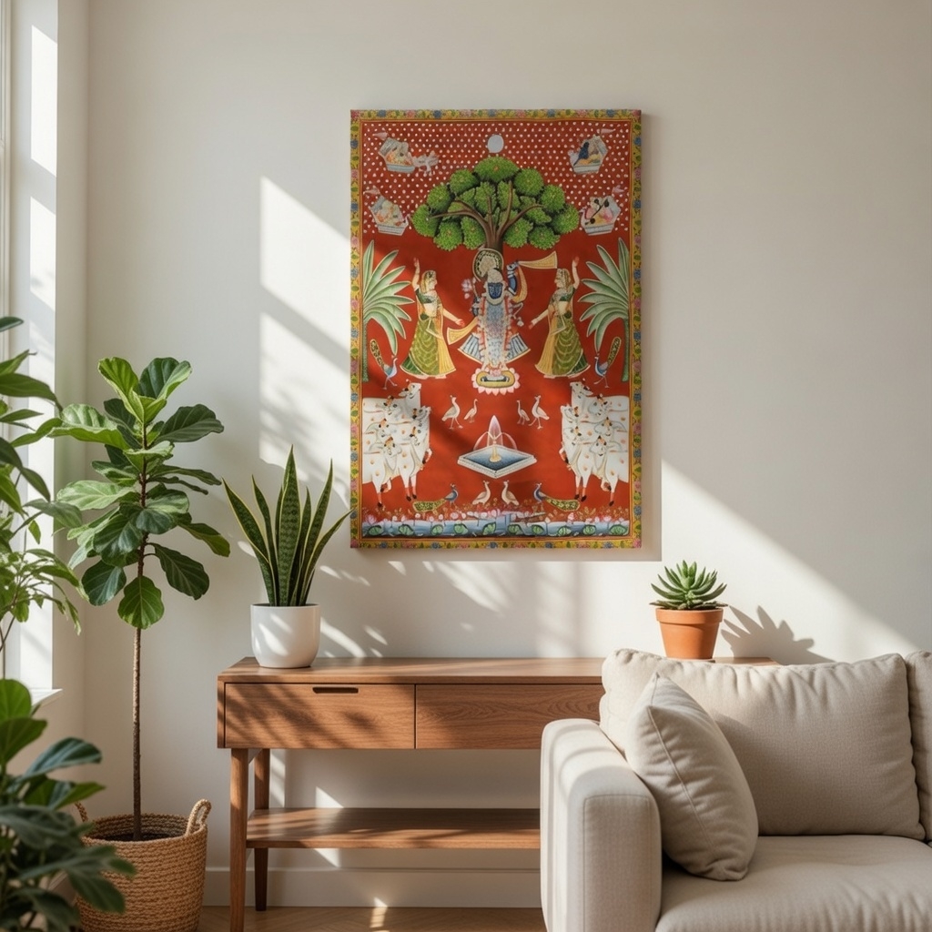 SAF Shrinathji Canvas Painting for Home Decor | Traditional Pichwai Krishna Wall Art | HD Printed Hindu God Spiritual Artwork for Living Room Temple Pooja Room - Image 5