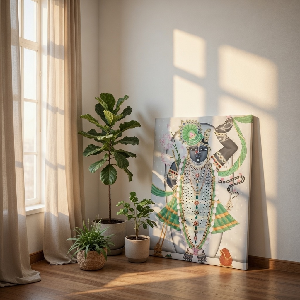 SAF Shrinathji Pichwai Canvas Painting for Home Decor | Traditional Krishna Wall Art with Green Accents | HD Printed Hindu God Spiritual Artwork for Living Room Temple - Image 5