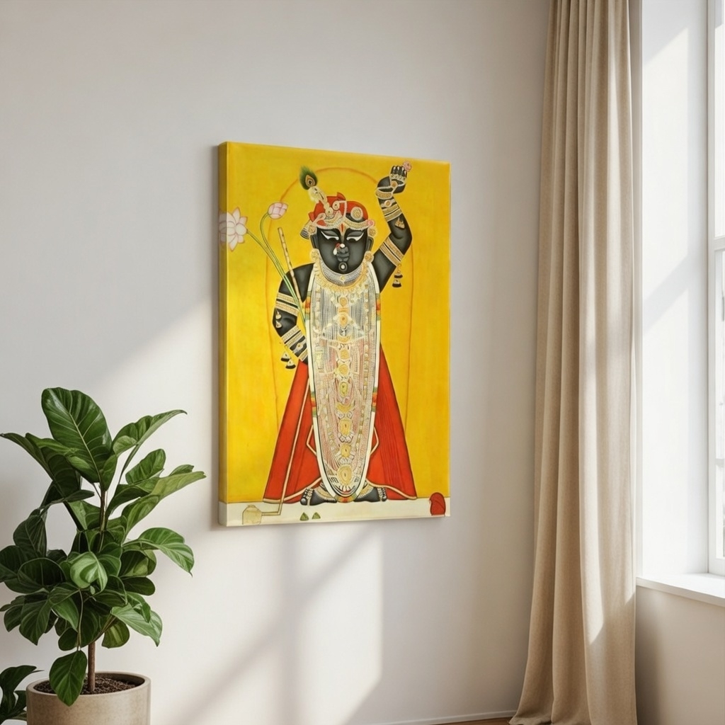 SAF Shrinathji Pichwai Canvas Painting for Home Decor | Traditional Krishna Wall Art with Yellow Background and Red Attire | HD Printed Hindu God Spiritual Artwork - Image 5