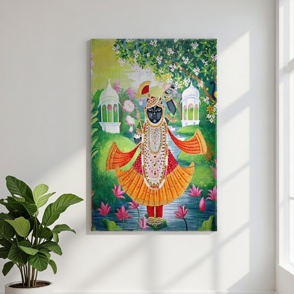 SAF Shrinathji Garden Pichwai Canvas Painting for Home Decor | Traditional Krishna Wall Art with Lotus and Nature Theme | HD Printed Hindu God Spiritual Artwork - Image 5