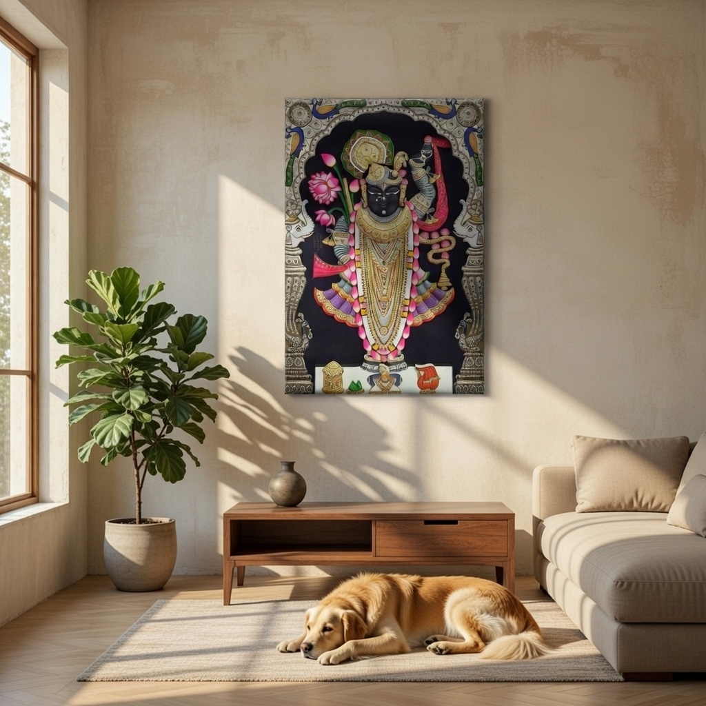SAF Shrinathji Royal Pichwai Canvas Painting for Home Decor | Traditional Krishna Wall Art with Ornamental Arch | HD Printed Hindu God Spiritual Artwork for Living Room Temple - Image 5