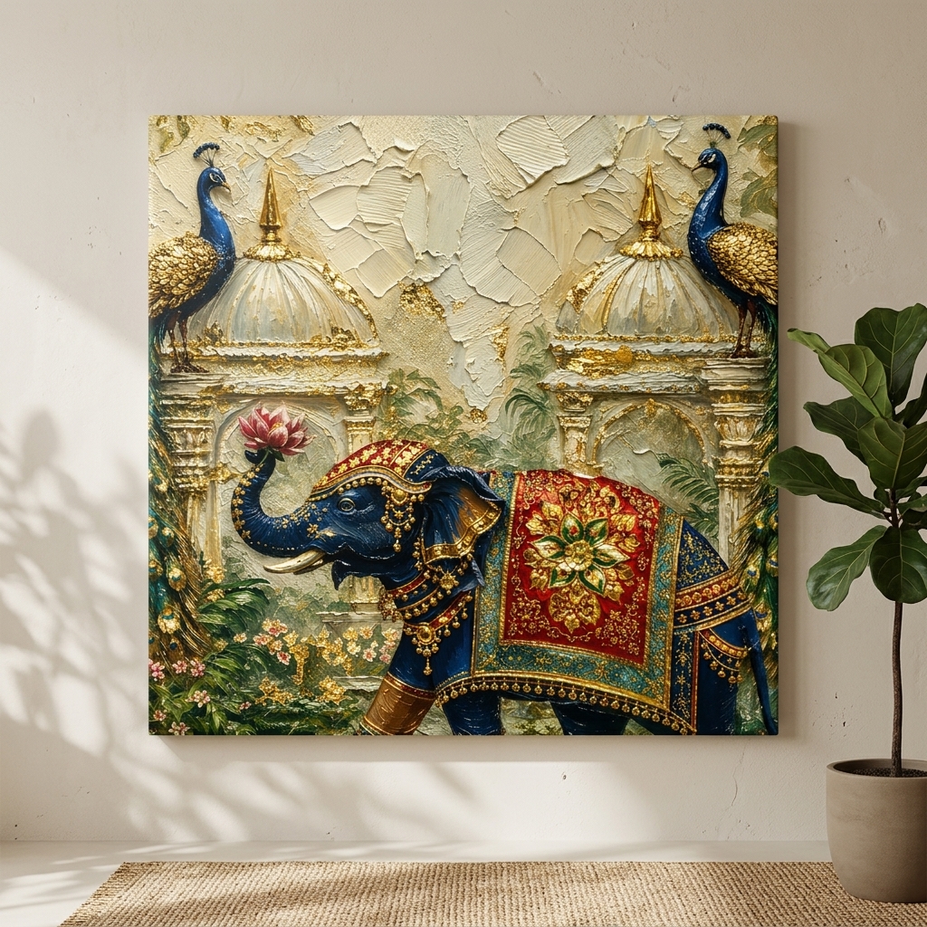 SAF Royal Elephant Canvas Painting Wall Art | Indian Palace Peacock Traditional Artwork for Living Room Bedroom Office Decor | Premium HD Print Textured Modern Wall Decoration Gift - Image 5