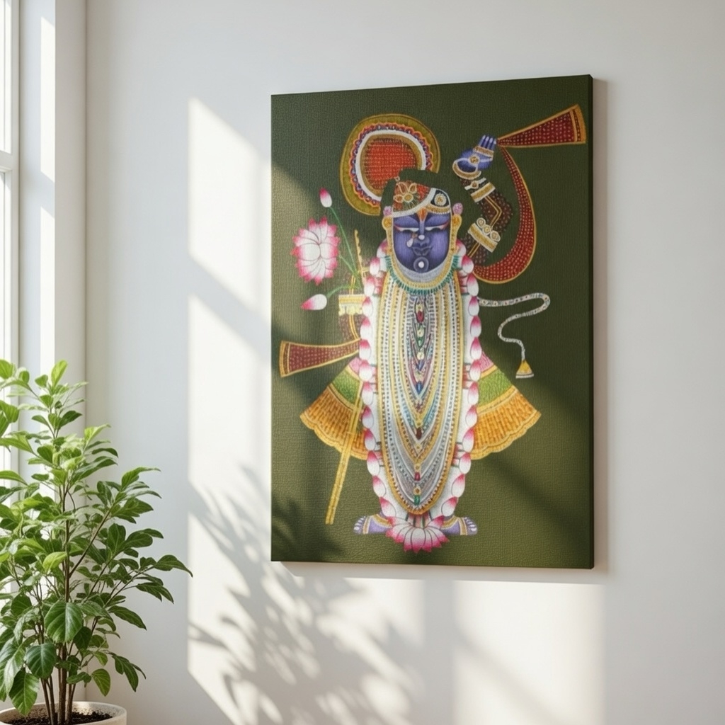 SAF Shrinathji Pichwai Canvas Painting for Home Decor | Traditional Krishna Wall Art with Olive Green Background | HD Printed Hindu God Spiritual Artwork for Living Room Temple - Image 5