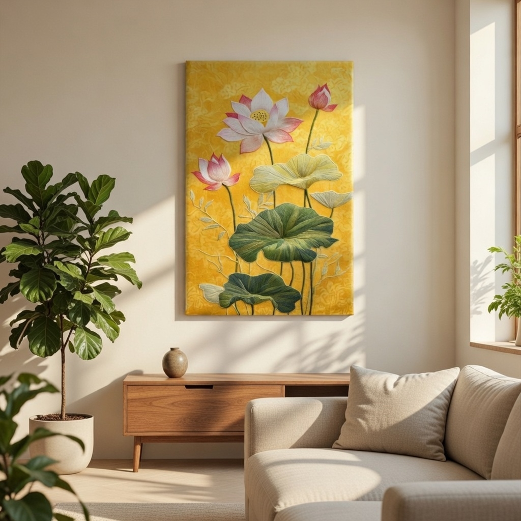 SAF Lotus Flower Canvas Painting for Home Decor | Modern Floral Wall Art with Green Leaves | HD Printed Nature Artwork for Living Room Bedroom Office Decoration - Image 5