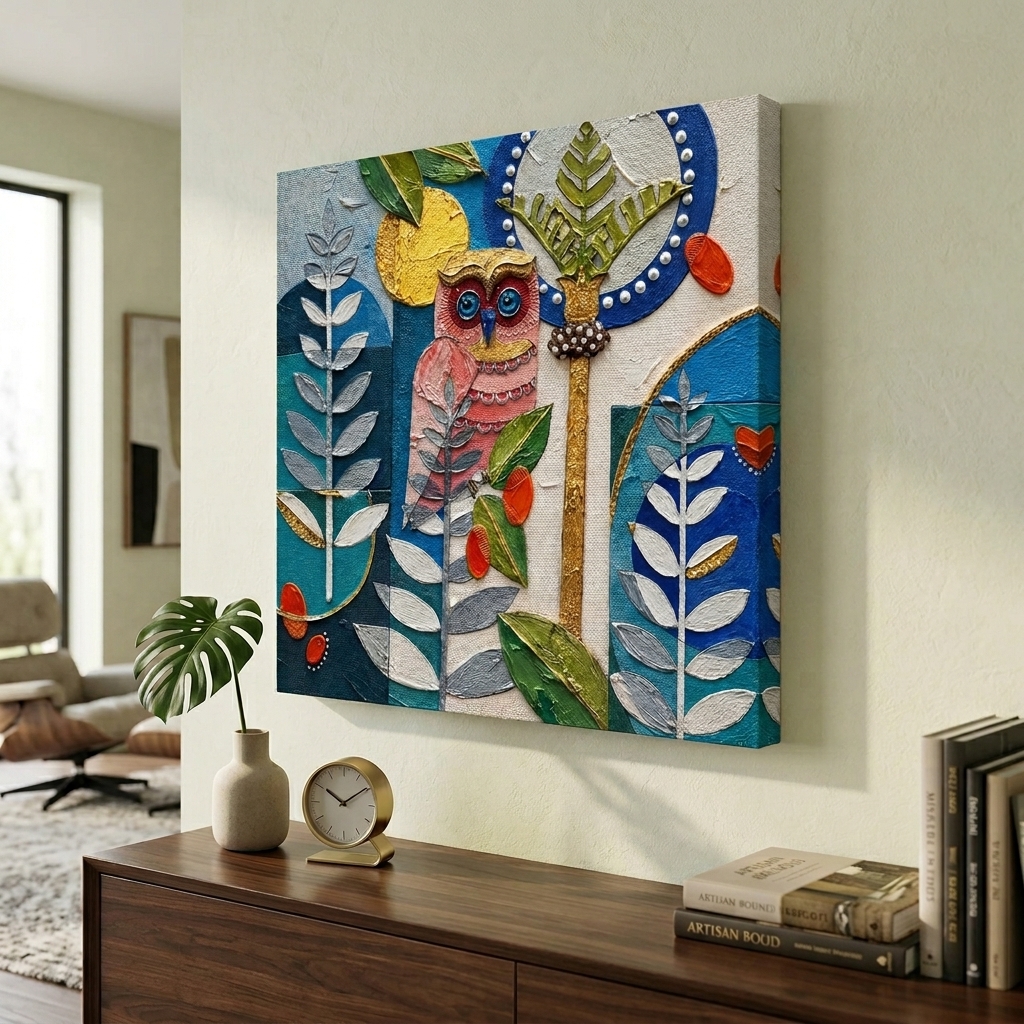 SAF Owl Abstract Canvas Painting Wall Art | Modern Bird Leaves Geometric Artwork for Living Room Bedroom Office Decor | Premium HD Print Textured Modern Wall Decoration Gift - Image 5