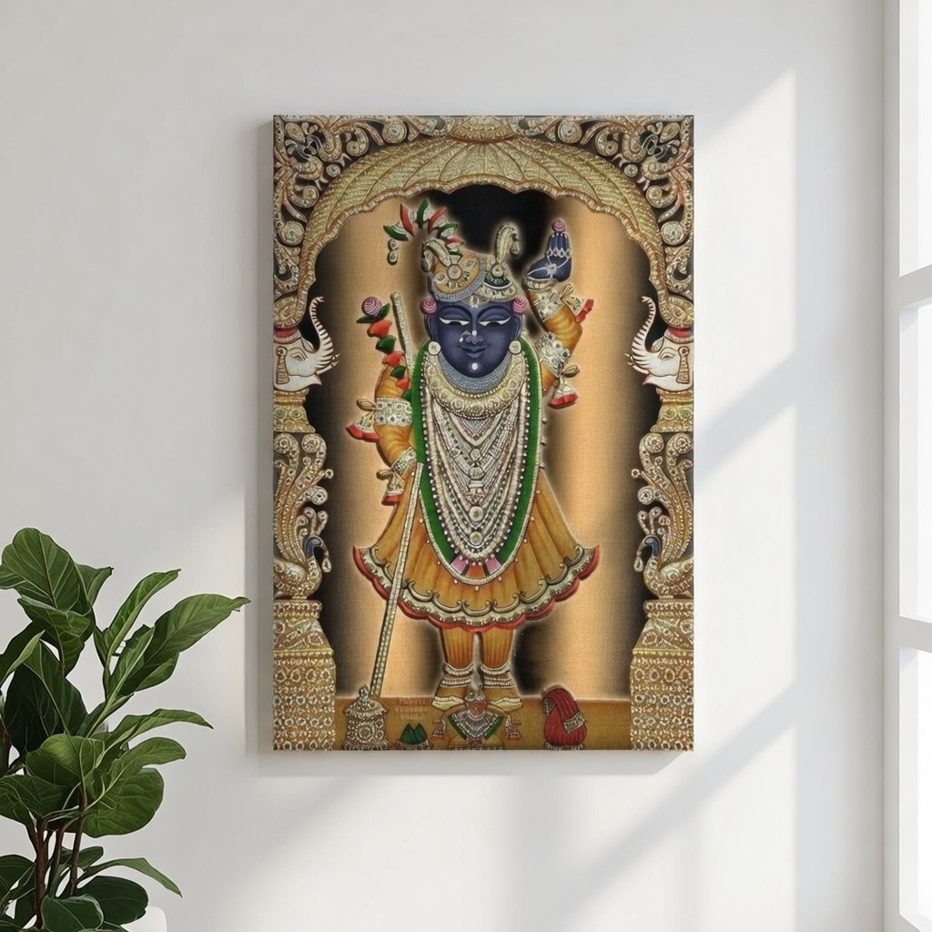 SAF Shrinathji Royal Pichwai Canvas Painting for Home Decor | Traditional Krishna Wall Art with Golden Arch Design | HD Printed Hindu God Spiritual Artwork for Living Room Temple - Image 5