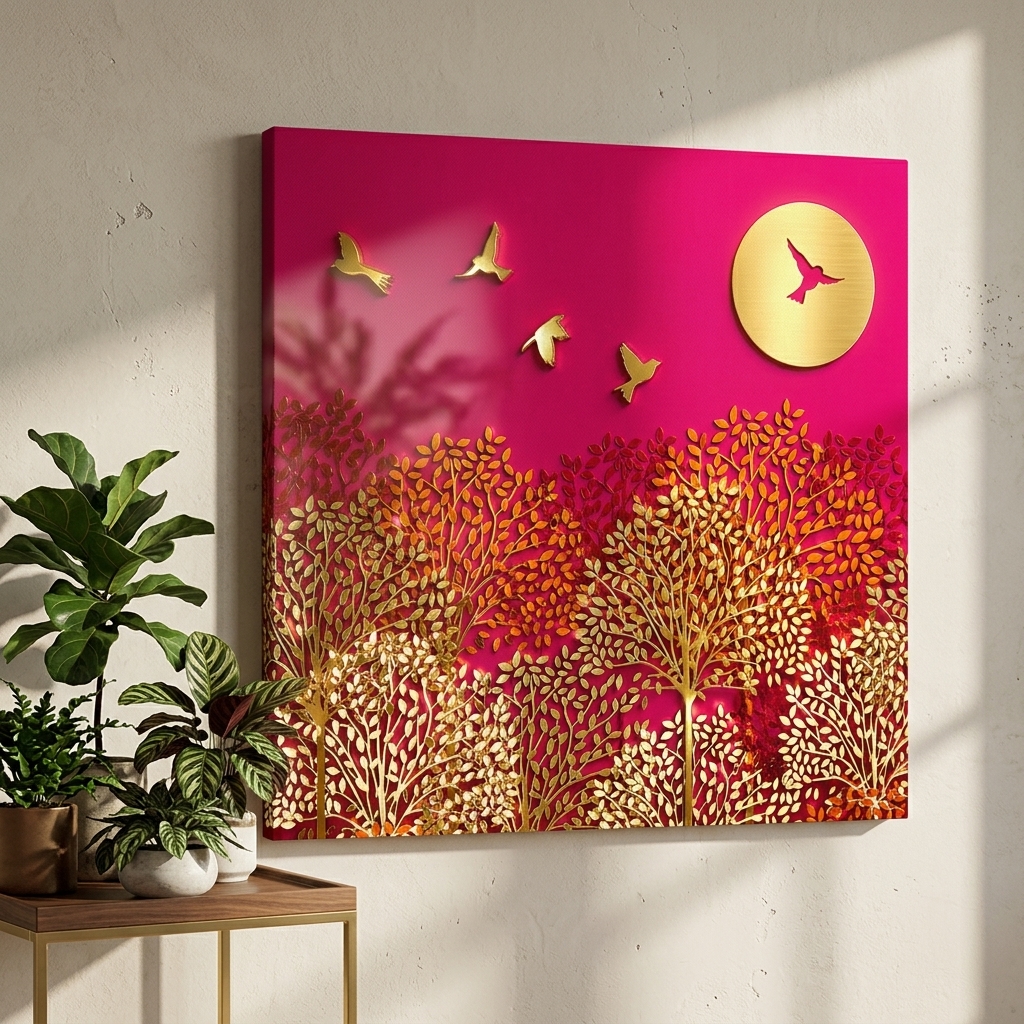 SAF Sunset Golden Trees Canvas Painting Wall Art | Pink Red Sky Birds Landscape Artwork for Living Room Bedroom Office Decor | Premium HD Print Modern Wall Decoration Gift Item - Image 5