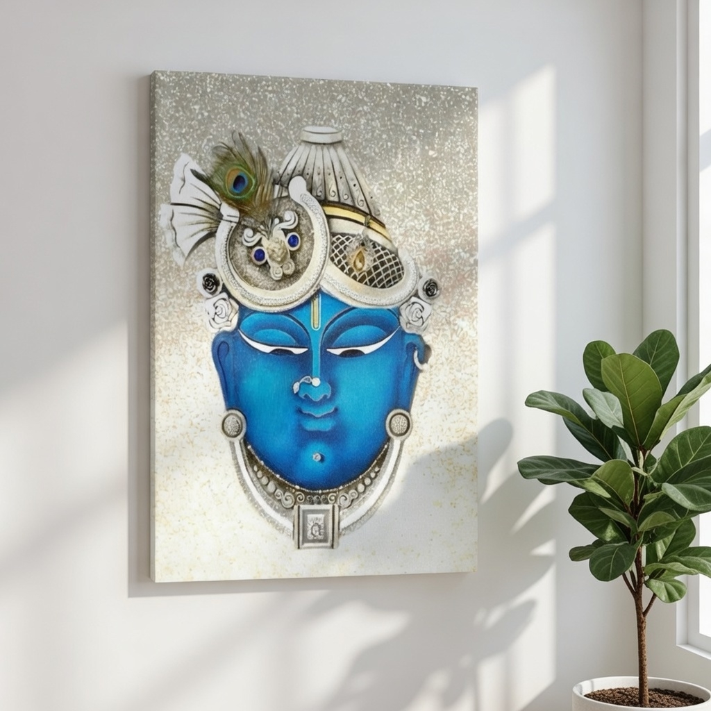 SAF Blue Krishna Face Canvas Wall Painting for Home Decor | Lord Krishna Portrait with Peacock Feather | HD Printed Spiritual Modern Artwork for Living Room Bedroom Pooja Room - Image 5