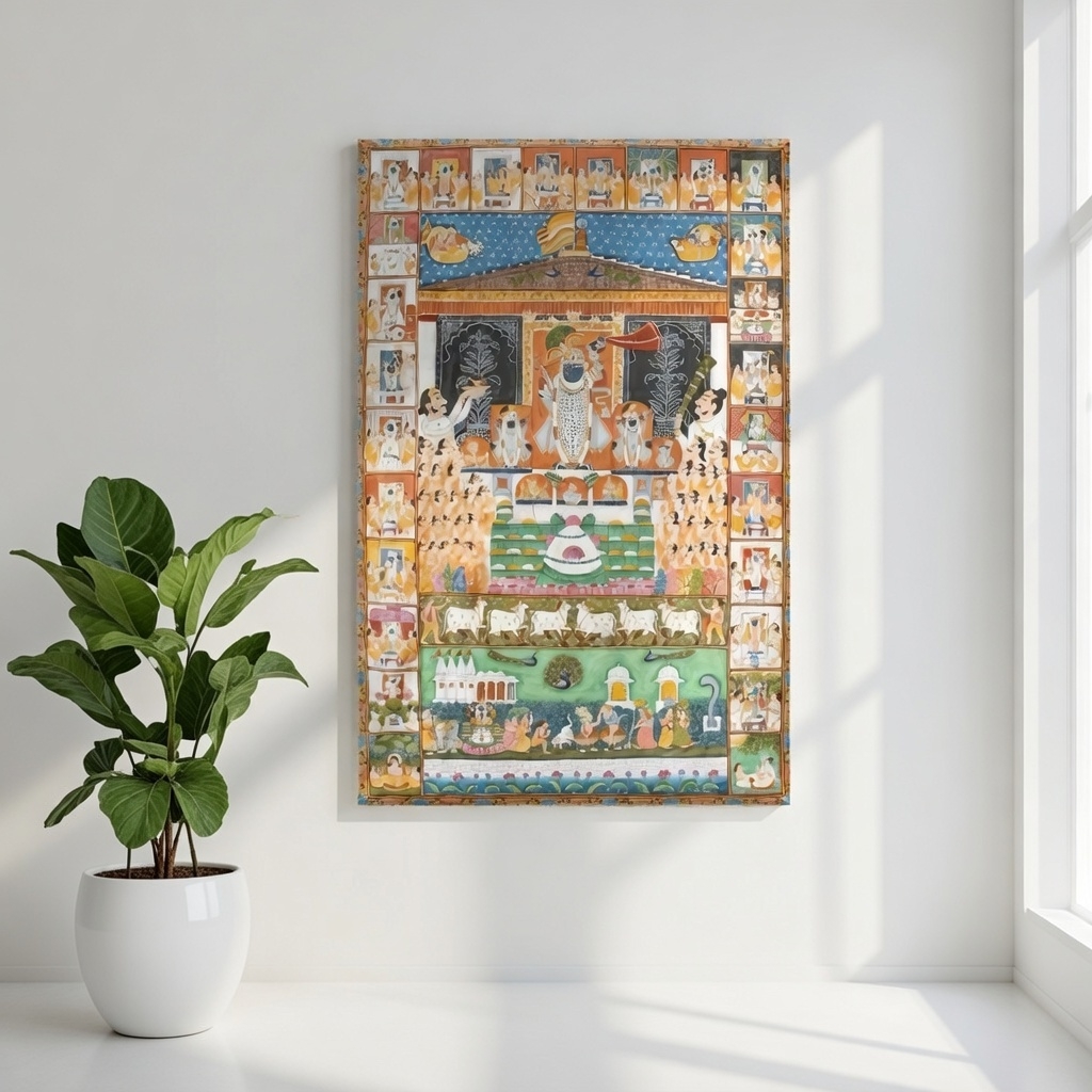 SAF Krishna Leela Pichwai Canvas Wall Painting for Home Decor | Traditional Indian Devotional Artwork with Temple Scene and Sacred Cows | HD Printed Spiritual Art for Living Room Pooja Room - Image 5