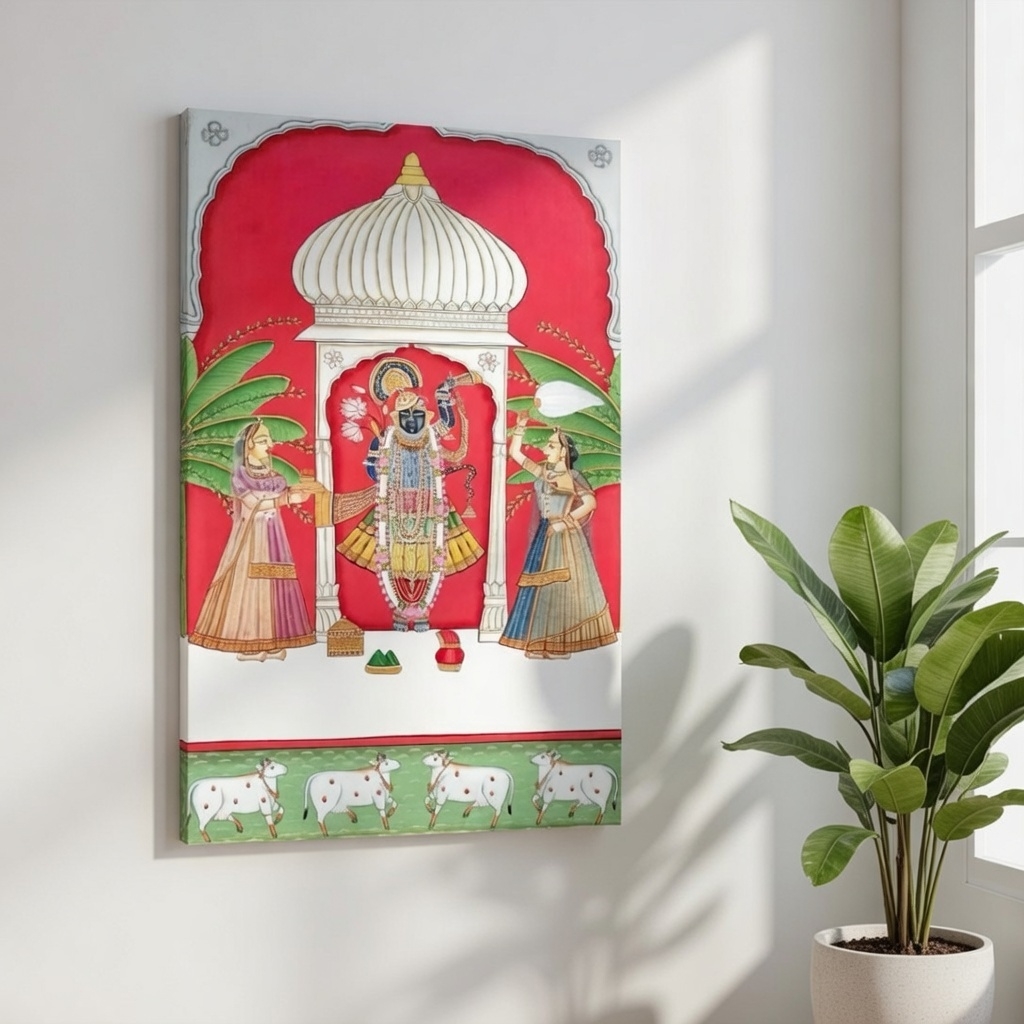 SAF Shrinathji Temple Pichwai Canvas Wall Painting for Home Decor | Lord Krishna Devotional Artwork with Sacred Cows and Royal Pavilion | HD Printed Spiritual Art for Living Room Pooja Room - Image 5