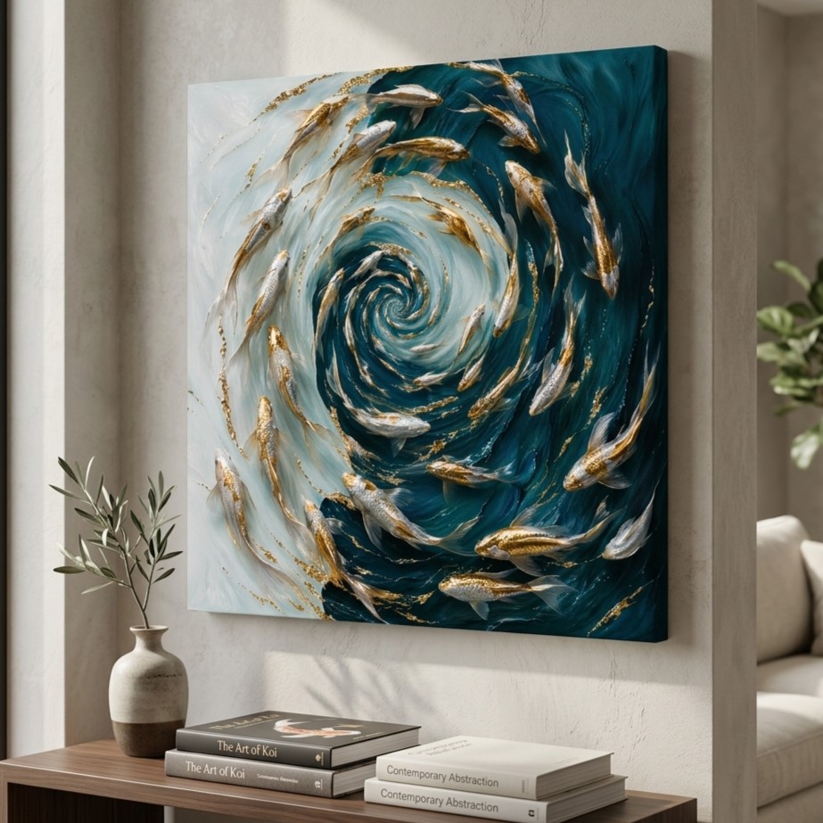 SAF Gold Koi Fish Swirl Canvas Painting Wall Art | Blue Abstract Ocean Luxury Artwork for Living Room Bedroom Office Decor | Premium HD Print Textured Modern Wall Decoration Gift - Image 5
