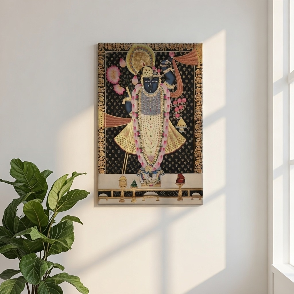 SAF Shrinathji Pichwai Canvas Wall Painting for Home Decor | Lord Krishna Devotional Artwork with Floral Garland on Black Background | HD Printed Spiritual Art for Living Room Pooja Room - Image 5