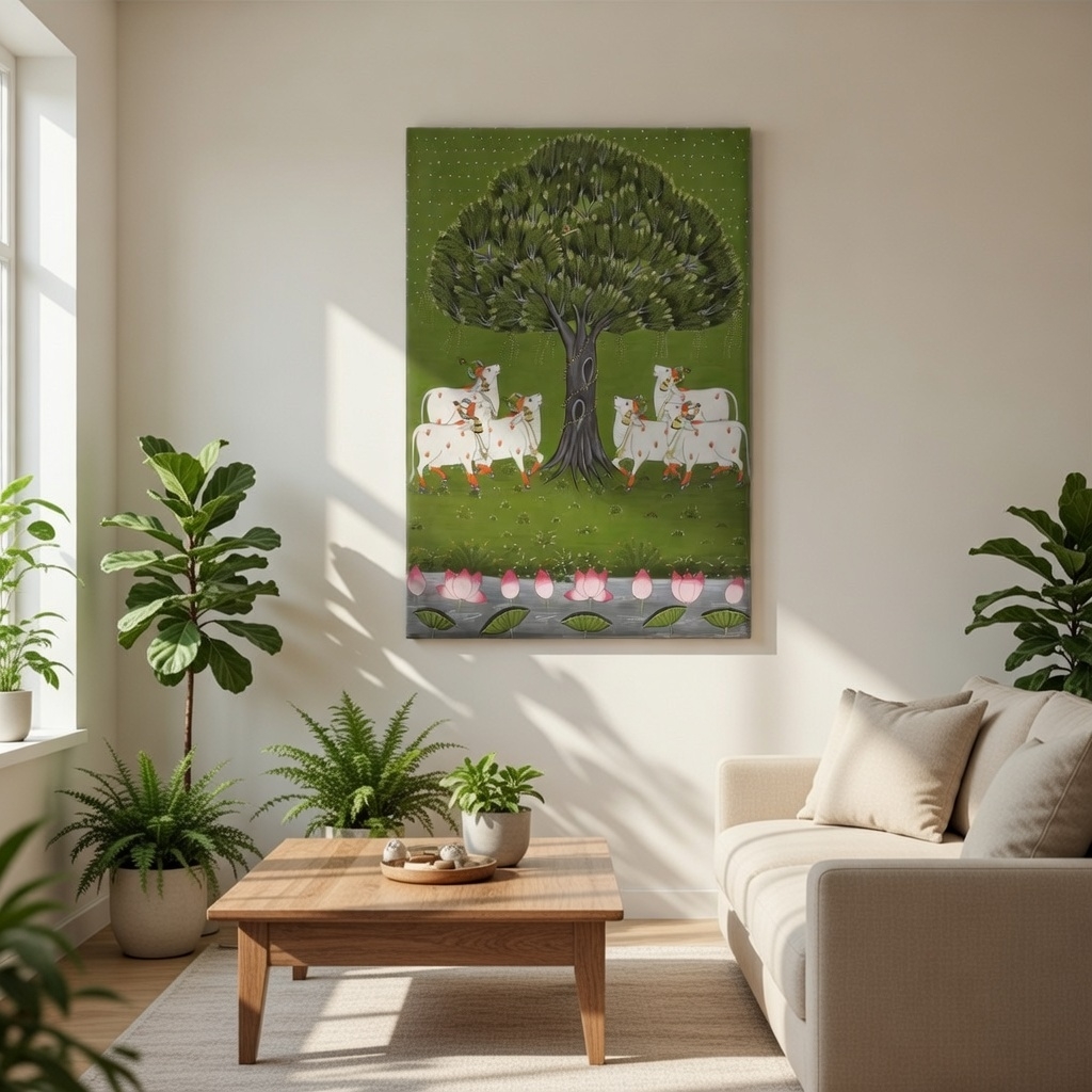 SAF Traditional Cow and Tree Canvas Wall Painting for Home Decor | Indian Folk Art with Sacred Cows Lotus Pond Green Nature Theme | HD Printed Cultural Wall Art for Living Room Bedroom Office - Image 5