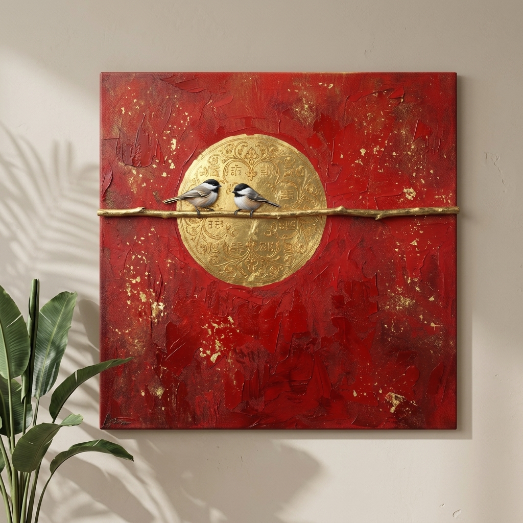 SAF Red Gold Birds Canvas Painting Wall Art | Abstract Sparrow Couple Branch Artwork for Living Room Bedroom Office Decor | Premium HD Print Textured Modern Wall Decoration Gift - Image 5