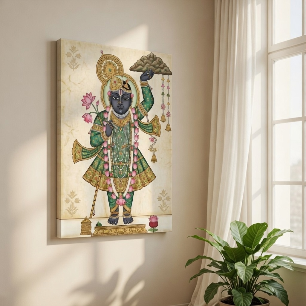SAF Shrinathji Govardhan Leela Canvas Wall Painting for Home Decor | Lord Krishna Holding Govardhan Hill Pichwai Style Devotional Artwork | HD Spiritual Wall Art for Living Room Pooja Room - Image 5
