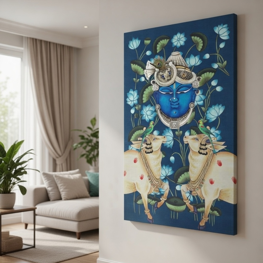 SAF Shrinathji Blue Face Canvas Wall Painting for Home Decor | Lord Krishna Pichwai Style Devotional Artwork with Sacred Cows and Lotus Motifs | HD Spiritual Wall Art for Living Room Pooja Room - Image 5