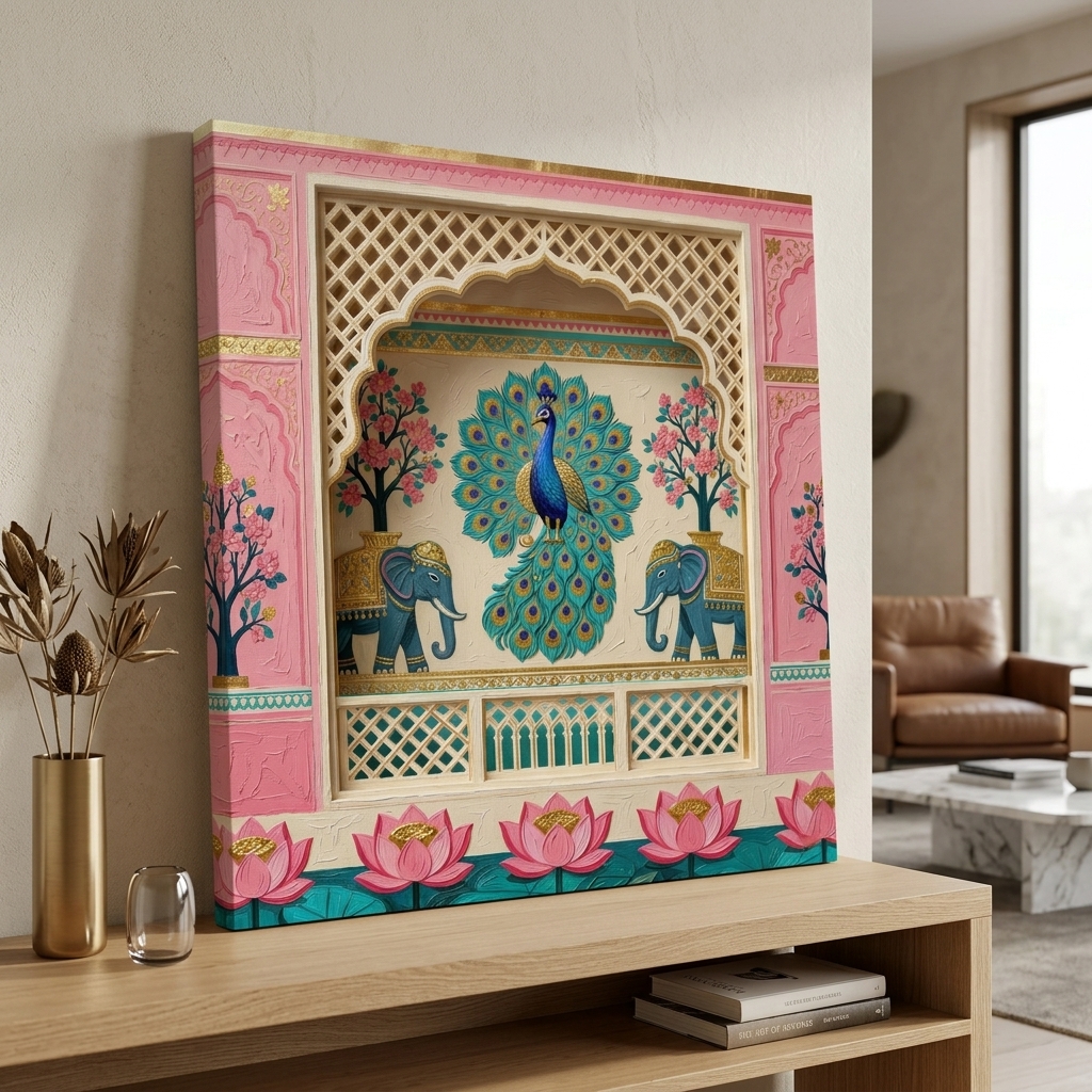 SAF Peacock Palace Canvas Painting Wall Art | Royal Indian Elephant Lotus Window Artwork for Living Room Bedroom Office Decor | Premium HD Print Textured Modern Wall Decoration Gift - Image 5