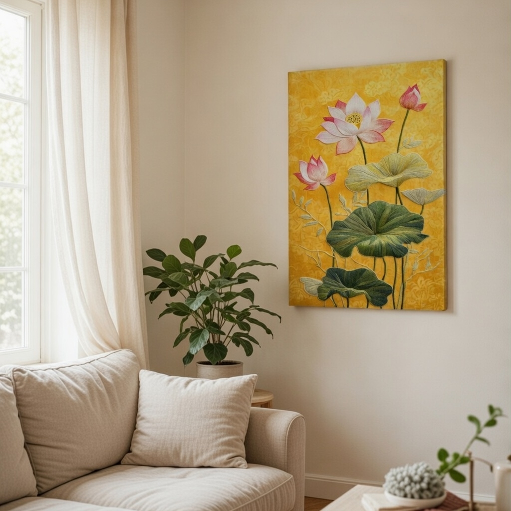 SAF Lotus Flower Canvas Wall Painting for Home Decor | Yellow Floral Artwork with Green Leaves Modern Botanical Design | HD Printed Nature Wall Art for Living Room Bedroom Office - Image 5