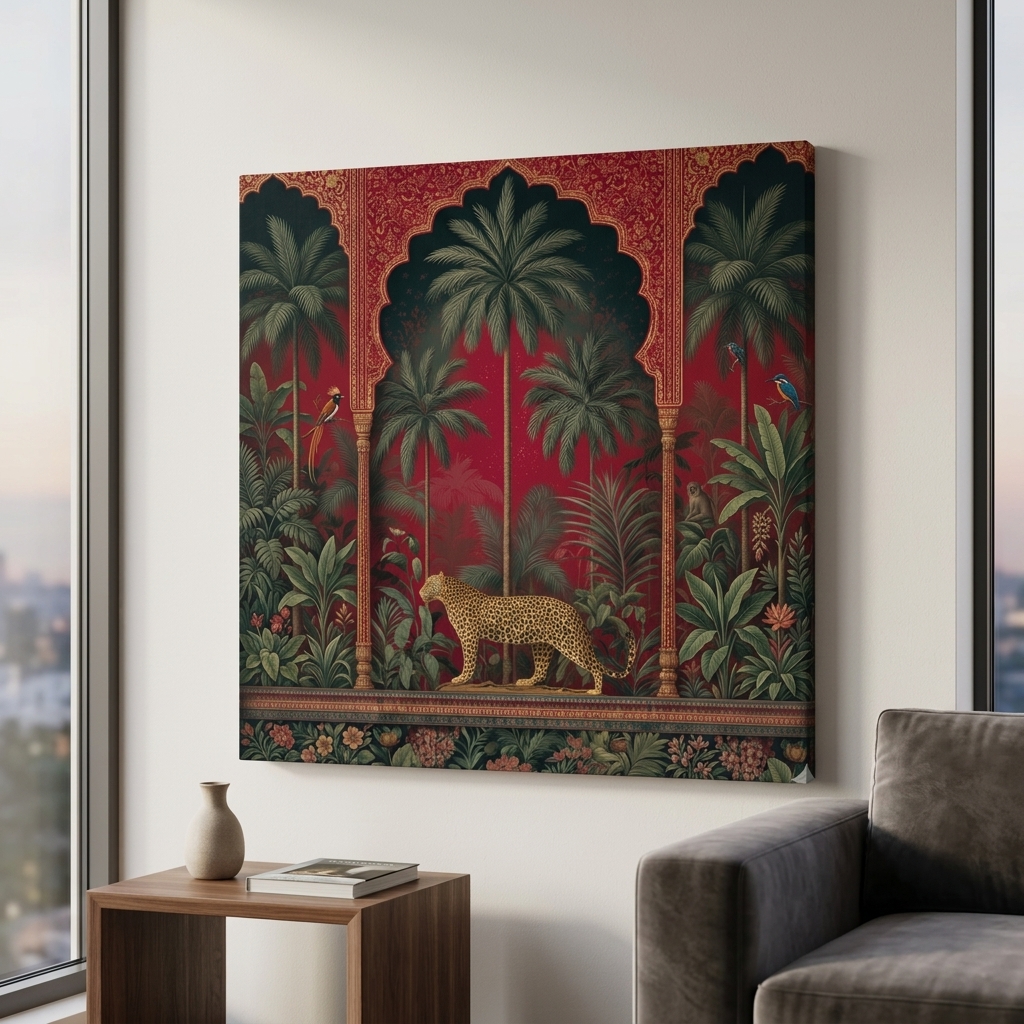 SAF Leopard Jungle Canvas Painting Wall Art | Tropical Palm Tree Red Background Wildlife Artwork for Living Room Bedroom Office Decor | Premium HD Print Modern Wall Decoration Gift - Image 5